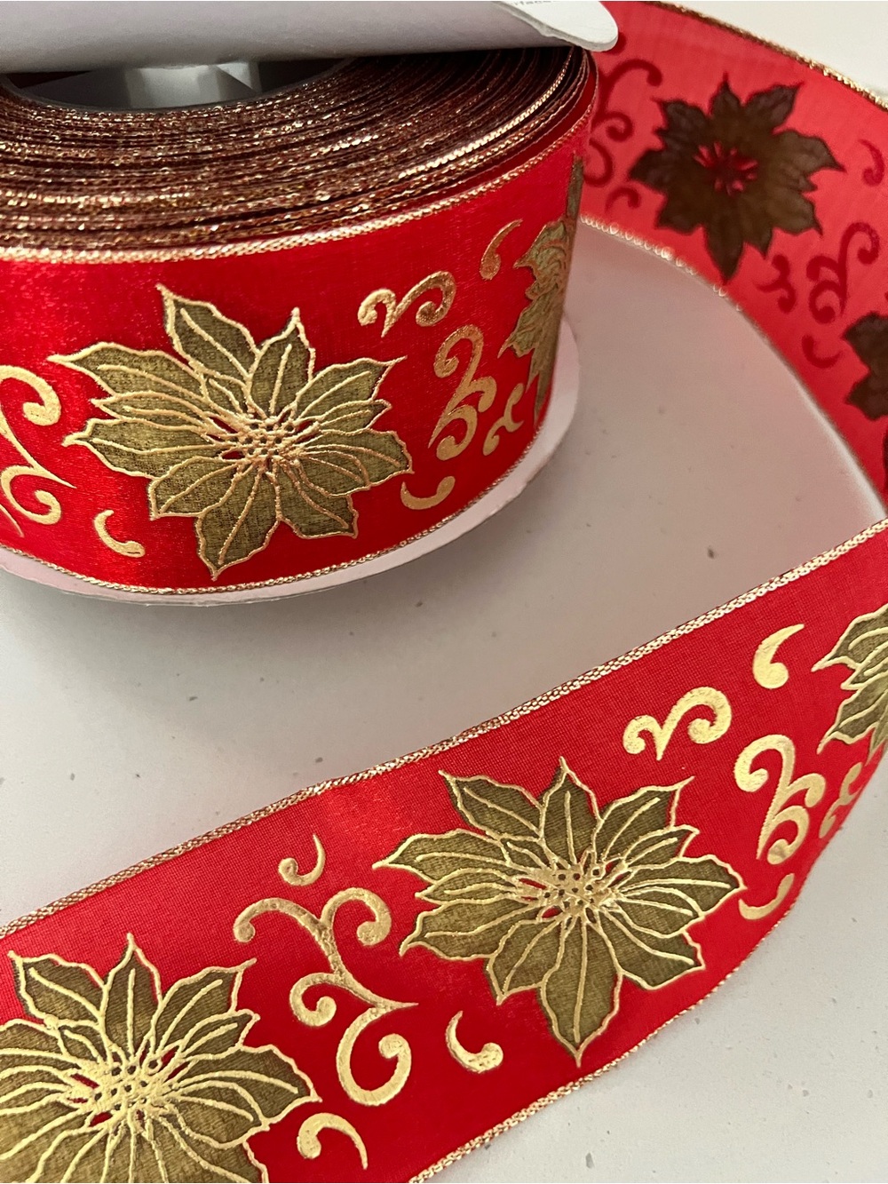 Kirkland Signature Christmas Ribbon Red Gold Poinsettia Wire Partial roll 2.5 in